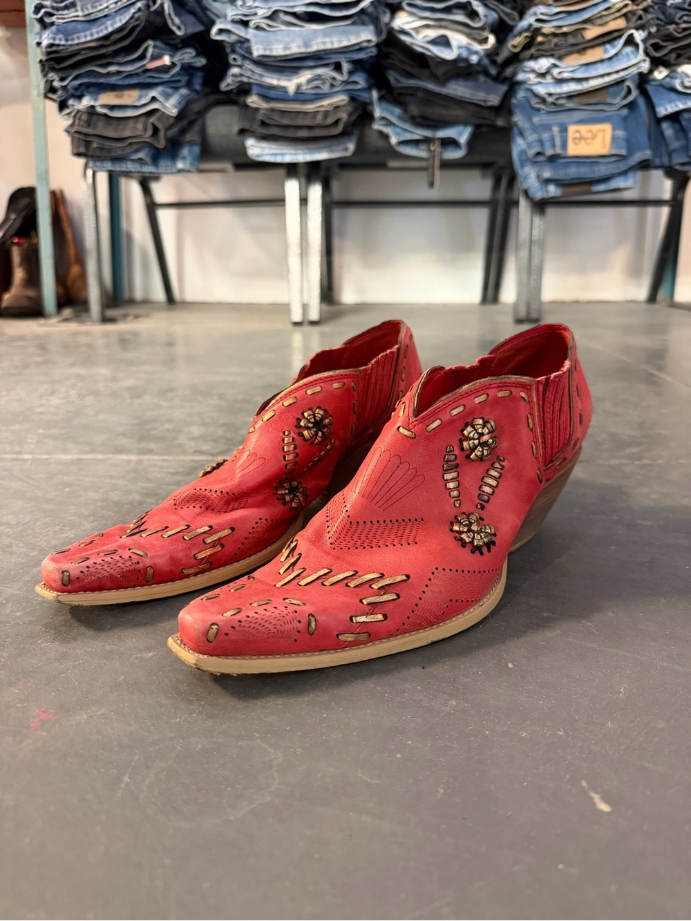 BCBGirls Red leather Embellished Cutout Western Booties size